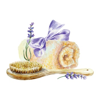 Lavender sprig, massage brush, rolled towel, watercolor. Hand drawn illustration. For design of labels, postcards, invitations, SPA salon banners, posters. vector