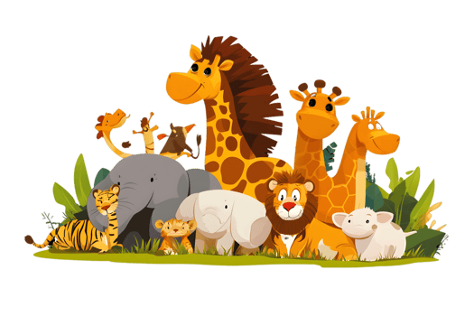 Group of Pixel Art Jungle Animals Including Giraffes Elephants Lions and Tigers Gathering Together in Animated Style on Transparent Background png