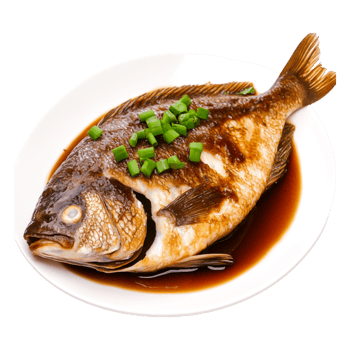Freshly Cooked Whole Fish Garnished with Green Onions in Soy Sauce png