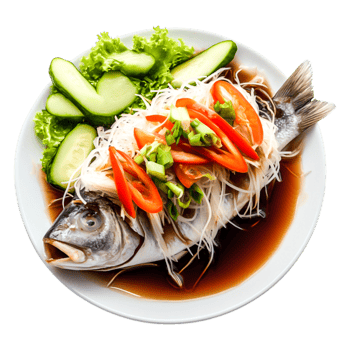 Freshly Cooked Whole Fish Dish with Vegetables and Green Sauce Presentation png