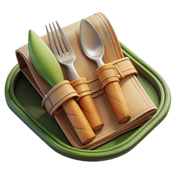 extraordinary traditional Bamboo Cutlery Set with Cloth Napkin Isolated authentic png