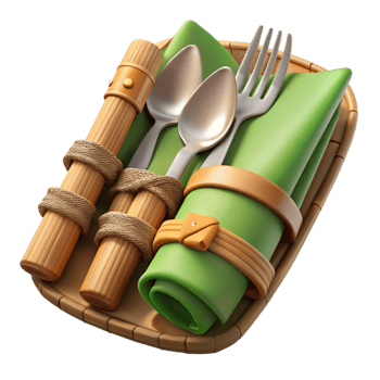 dramatic modern Bamboo Cutlery Set with Cloth Napkin Isolated professional png