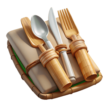 serene vintage Bamboo Cutlery Set with Cloth Napkin Isolated original png