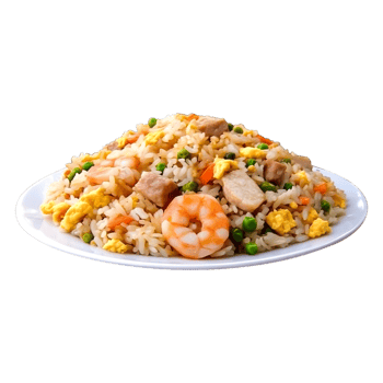 Delicious shrimp fried rice with vegetables served white plate png