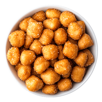 Golden Brown Bite-Sized Snacks in a White Bowl Wooden Table png