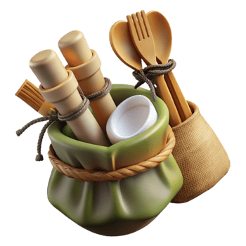 dramatic vintage Bamboo Utensils Set with Travel Pouch Transparent Background high resolution png