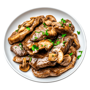 Delicious Cooked Meat with Mushrooms and Fresh Herbs on White Plate png