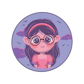 Cute cartoon girl with glasses. illustration in a circle. vector