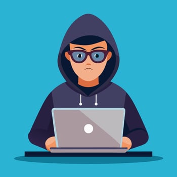 Sophisticated Hacker Operating a Laptop with Cartoonish Elements vector
