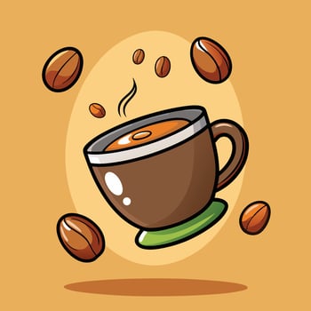 Animated Coffee Beans and Steaming Coffee Cup Cartoon Illustration vector