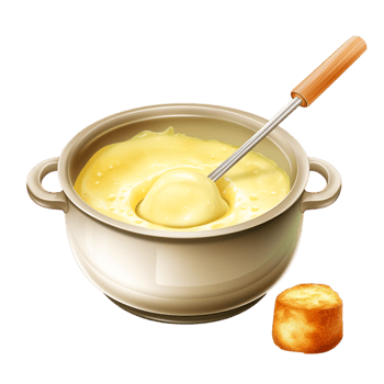 Creamy melted cheese in a pot with a wooden spoon png