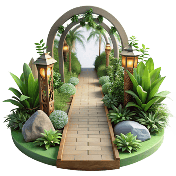 dramatic contemporary Botanical Garden Pathway Cutout Transparent Background Bright Sunlight high quality png