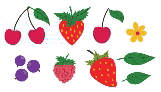 Berries set in modern minimal style. Cherry and raspberry, blueberry and strawberry. Fresh summer juicy berry collection. vector