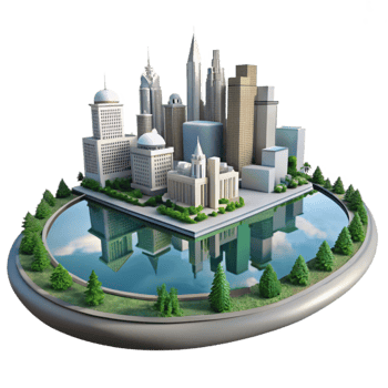 stunning contemporary Cityscape Reflection in Park Pond Transparent Background original png