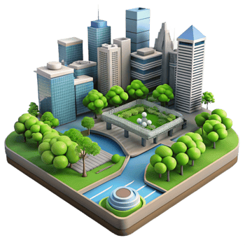 dramatic traditional Cityscape with Park and River Transparent Background original png