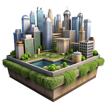 wonderful rustic City Skyline with Rooftop Gardens Cutout with Dramatic Lighting original png