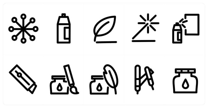 Set of 10 micro icons as color palette, paint spray, leaf vector