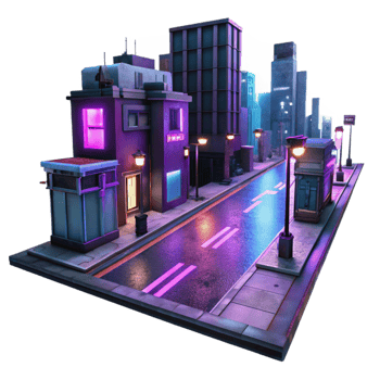 extraordinary minimalist Cyberpunk City Street Neon Lights Dark Background Transparent Background professional png