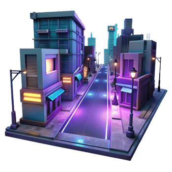 vibrant minimalist Cyberpunk City Street Neon Lights Dark Background Transparent Background exclusive png