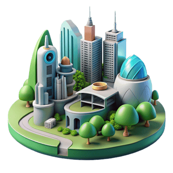 beautiful abstract Digital Landscape with Futuristic Buildings and Green Terrain Cutout genuine png