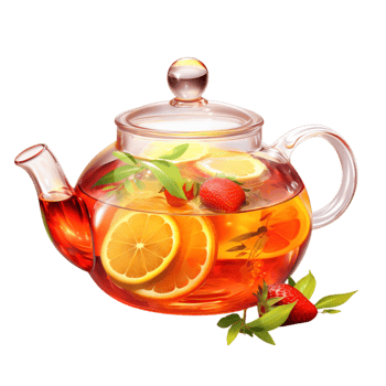 Glass teapot filled with herbal tea and citrus sliceses png