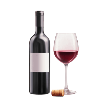 Bottle of red wine next to a glass filled with rich red liquid png