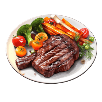 Grilled steak paired with roasted vegetables on a white plate png