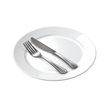 White ceramic plate with a fork and knife placed neatly beside it png