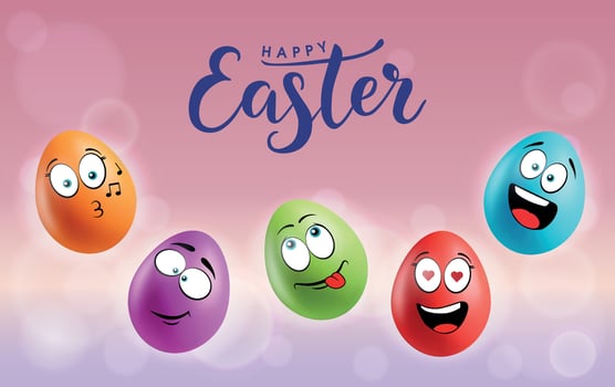 Color eggs with funny faces on gradient background. Whistling, laughing, smiling, glad emotions, cartoon smile. Set of eggs emoji poster. Happy Easter holiday banner illustration. vector