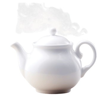 White ceramic teapot with a curved spout and round lid releasing steam png