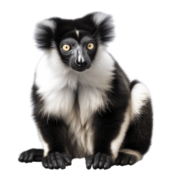Black and white lemur with expressive eyes sitting on a white background png