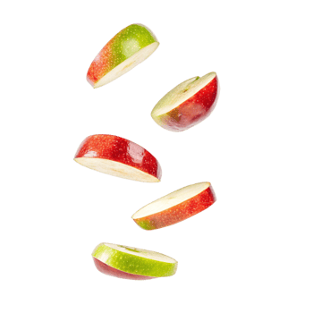 Five Slices of Red and Green Apple Falling Against a Black Background png