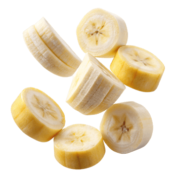 Multiple Slices of Freshly Cut Yellow Banana Pieces in Air Falling Down on Black Background png