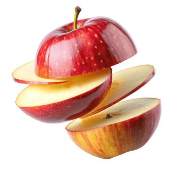 A perfectly ripe red apple sliced into four delicious pieces floating against a black background png