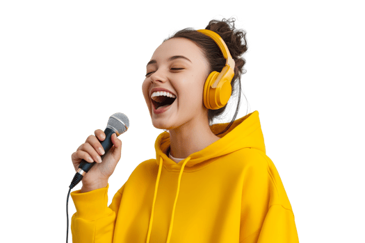 Joyful young woman in yellow hoodie sings passionately with headphones on a transparent backdrop png