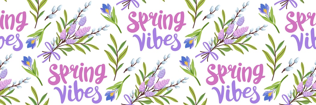 Spring vibes seamless pattern. Delicate floral background. Bouquet of seasonal flowers, willow branches, crocuses and lilac. For wallpaper, textiles, wrapping paper, postcards. illustration. vector