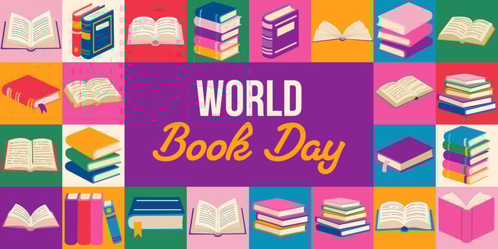 A colorful poster with many books on it that says World Book Day. The poster is made up of different colored squares, each with a book on it vector