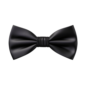 Classic black bow tie with a sleek satin finish, neatly arranged png