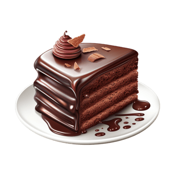Rich chocolate cake slice with layers of creamy frosting and swirls on top png