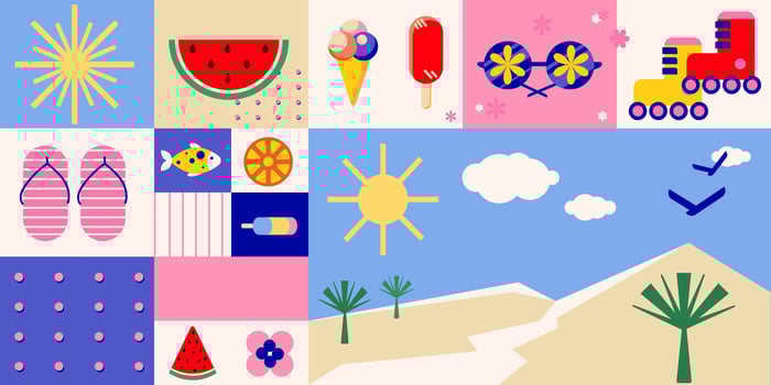 Bright summer collage banner with beach and vacation elements such as the sun, tropical landscapes.Designed in a modern,geometric flat style,for summer posters, backgrounds, travel designs. vector