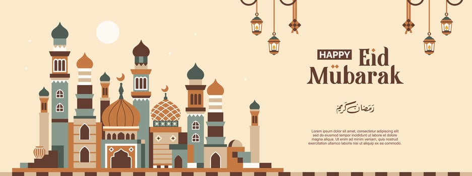 Beautiful minimalist geometric Arabic city landscape pattern with lanterns, Ramadan Kareem, Eid al-Fitr horizontal pastel colored poster vector