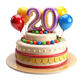 cartoon style birthday cake with balloon and written number twenty on the cake is isolated on transparent background png
