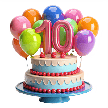 cartoon style birthday cake with balloon and written number ten on the cake is isolated on transparent background png