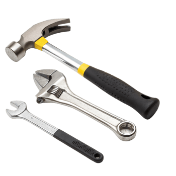 Realistic hand tools, claw hammer with yellow accents and adjustable wrench. png