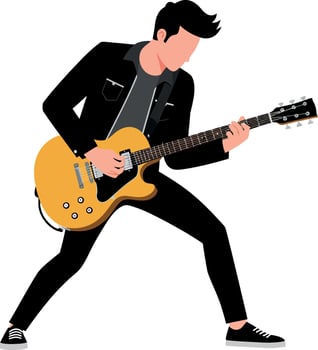 Guitarist in black outfit passionately playing an electric guitar in a flat illustration vector