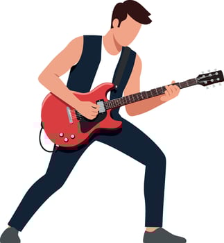 Musician passionately playing a red electric guitar in a flat illustration vector