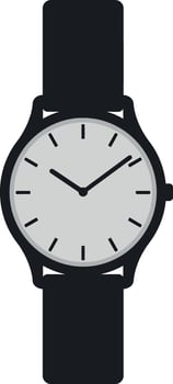Stylish black wristwatch featuring a minimal design with a classic round face in flat art vector