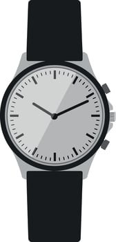 Sleek black strap wristwatch with minimalist design showcasing precision timekeeping in flat art vector
