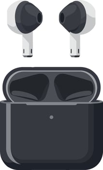 Black wireless earbuds in a sleek charging case, minimal and modern art vector
