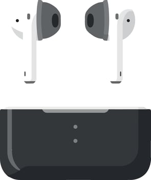 Wireless earbuds resting in a sleek black charging case, minimal illustration showcasing modern audio technology vector